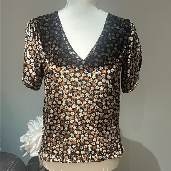 Madewell Velvet Floral Ruffle Short Sleeve Blouse - Picture 2 of 8